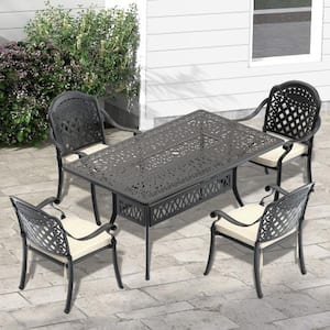 Black 5-Piece Cast Aluminum Outdoor Dining Set, Patio Furniture with 58.27 in. Rectangle Table and Random Color Cushions