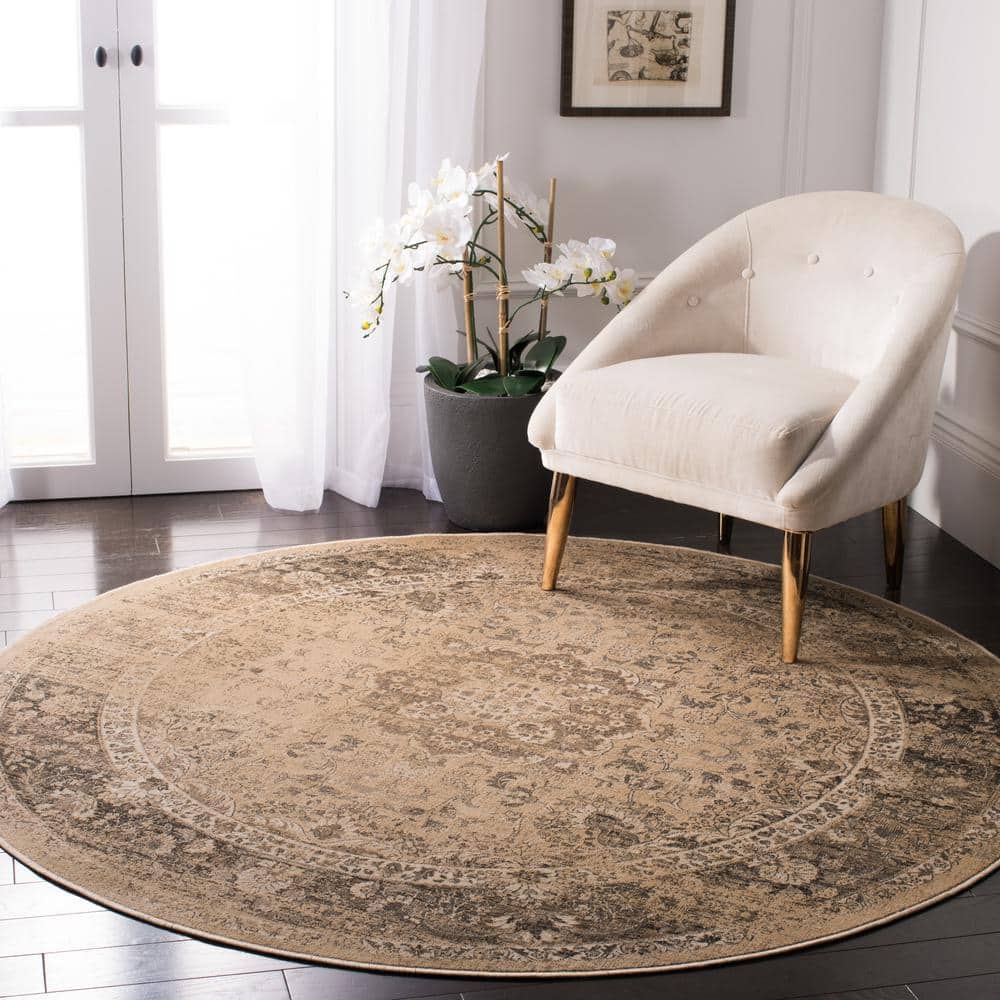 Vintage Warm Beige Round Wool and Viscose Area Rug