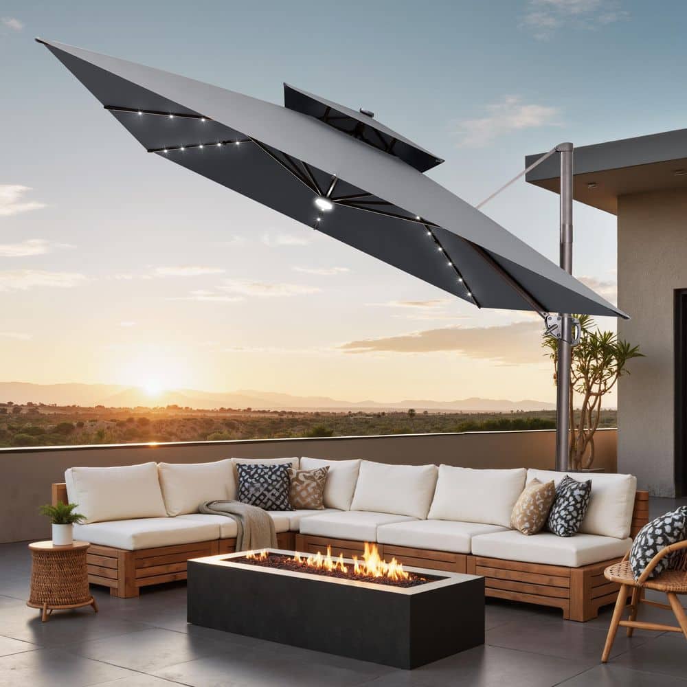 Double Top 11 ft. 360° Rotation Cantilever Patio Umbrella with LED Lights, Square Canopy in Gray price history on PriceWatchPro