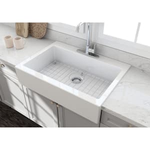 34 in. Farmhouse/Apron-Front Single Bowl White Fireclay Kitchen Sink with Bottom Grid