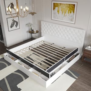 White Metal Frame Wooden Bed King Size Bed Platform Bed With 7-Drawers, Color-Changing LED Lights, Bluetooth