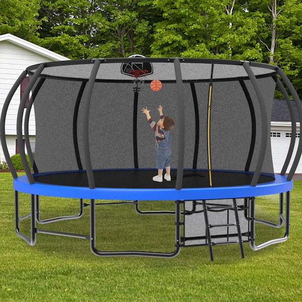 15 ft. Blue Round Outdoor Trampoline with Safety Enclosure and Basketball Hoop