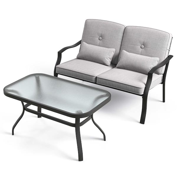 Costway 2-Piece Metal Outdoor Loveseat Set with Blue Cushions and Tempered Glass Top Table
