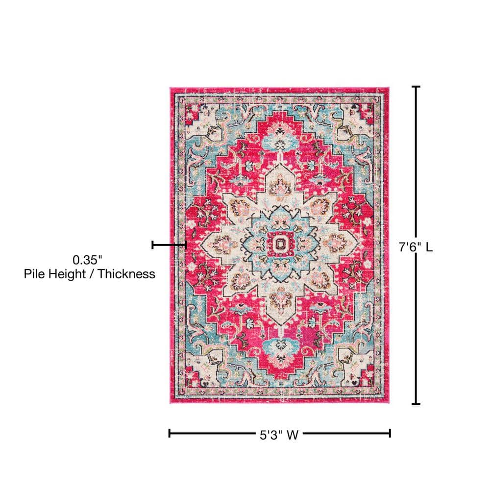 Fuchsia & Blue Hand-Knotted Vintage-Inspired Area Rug - 5'3" x 7'6"