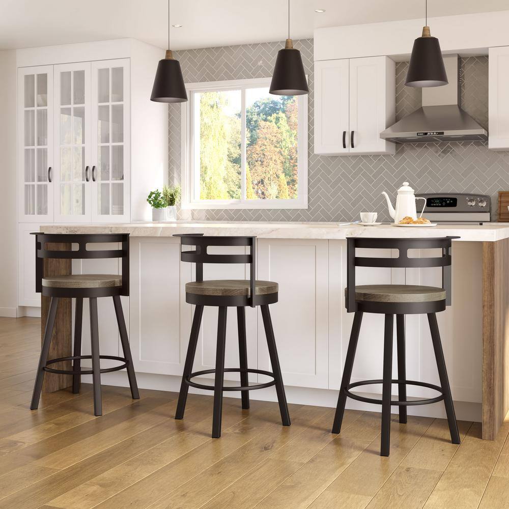 Beige Distressed Wood and Dark Brown Metal Swivel Counter Stool