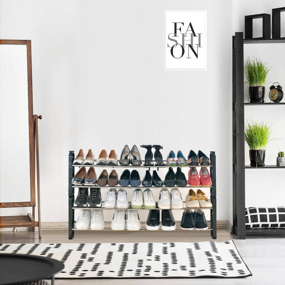 Black and Silver 4-Tier Expandable Stackable Shoe Rack