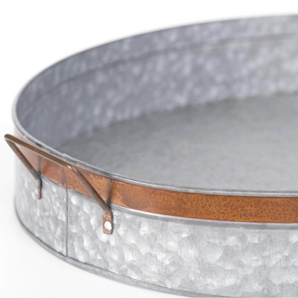Large Gray Galvanized Metal Oval Rustic Serving Tray with Handles