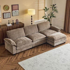 Double-Layer Cushion's Collection 120 in Wide Pillow Top Arm Chenille L-shaped Modern Sofa in. Brown with Ottoman