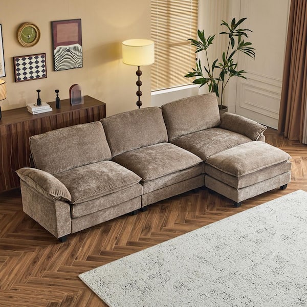 Karl home Double-Layer Cushion's Collection 120 in Wide Pillow Top Arm Chenille L-shaped Modern Sofa in. Brown with Ottoman
