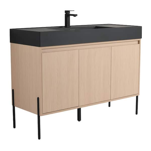 FINE FIXTURES Crownpoint 48 in. Freestanding Single White Oak Bathroom Vanity with Black Acrylic Sink Top Unassembled