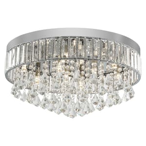 19.68 in. 9-Light Silver Modern Round Flush Mount Ceiling Light with Clear Crystal Shade and No Bulbs Included