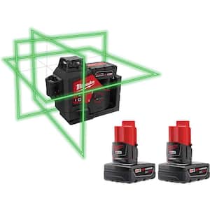 M12 12-Volt Lithium-Ion Cordless Green 250 ft. 3-Plane Laser Level Kit with (3) Batteries, Charger and Case