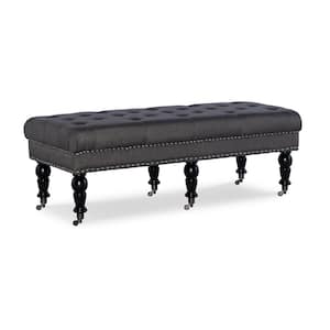 Bella Charcoal Linen Bench with Nail Head and Button Tufting 50 in. W x 19.5 in. D x 17.75 in. H