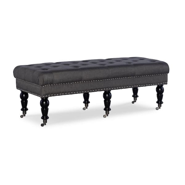 Linon Home Decor Bella Charcoal Linen Bench with Nail Head and Button Tufting 50 in. W x 19.5 in. D x 17.75 in. H