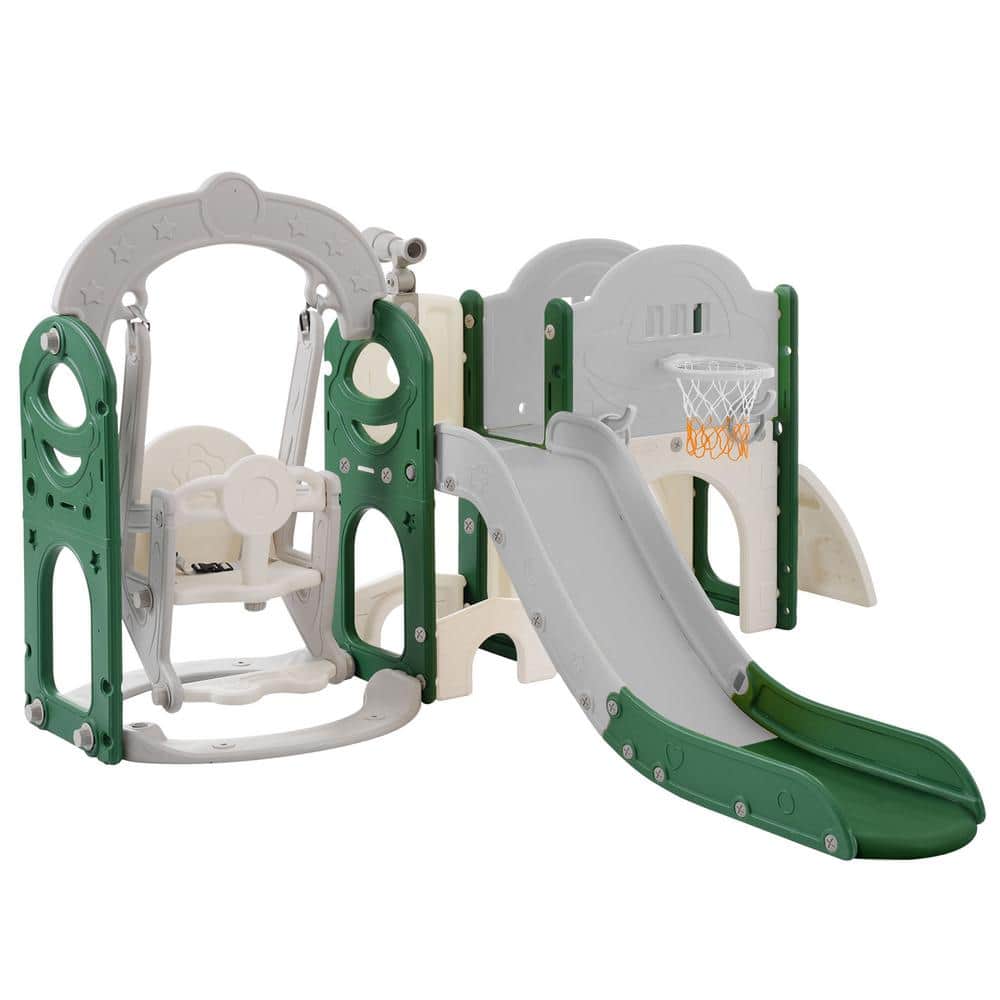 Green 8 in 1 Toddler Freestanding Slide Set with Basketball Hoops for Babie