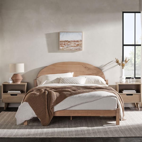 Welwick Designs Modern Beige Solid Wood Frame Queen Platform Bed with Elegant Curved Headboard