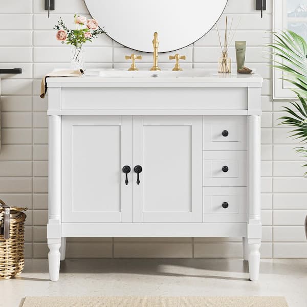 Ziyudura 36 in. Single Sink Freestanding White Bath Vanity with White Ceramic Top, Adjustable Shelf, 3 Drawers, Soft Close Design