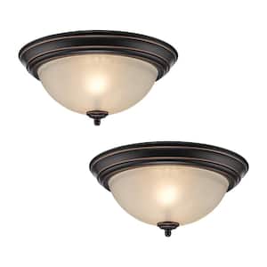 12.75 in 2-Light Oil Rubbed Bronze Transitional Flush Mount with Tea Stained Glass Shade and No Bulbs Included (2-Pack)