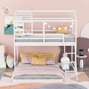 White Twin Over Full House Bunk Bed with Ladder and Window, Full-Length Guardrail, Wooden Bunk Bed Frame for Kids Teens