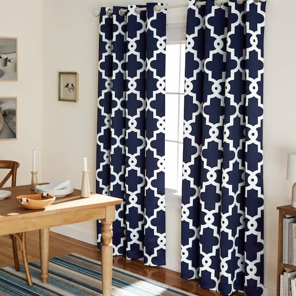EXCLUSIVE HOME Ironwork Peacoat Blue Woven Trellis 52 in. W x 96 in. L Noise Cancelling Thermal Grommet Blackout Curtain (Set of 2)