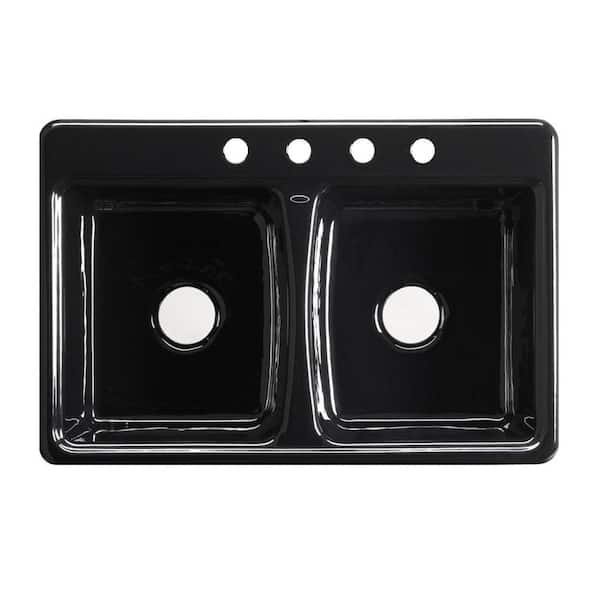KOHLER Deerfield Self-Rimming Cast Iron 33x22x8.625 4-Hole Double Bowl Kitchen Sink in Black Black