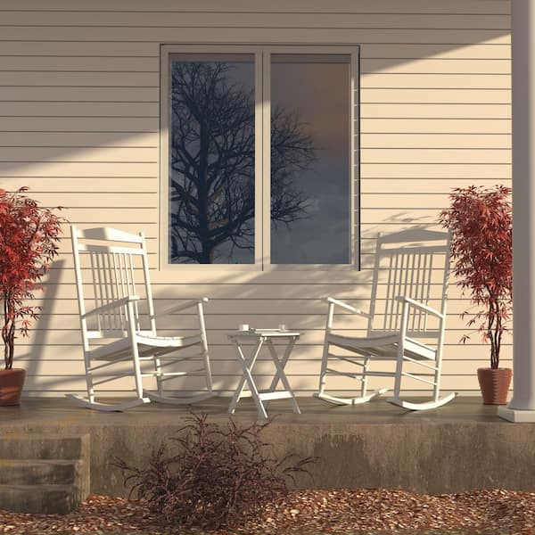 VEIKOUS White Solid Wood Patio Outdoor Rocking Chair Set (3-Piece)