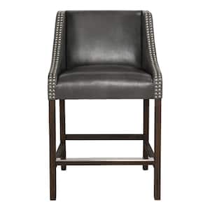37 in. H Gray Wood and Leatherette Counter Height Stool with Swooping Arms and Nail Head Trim