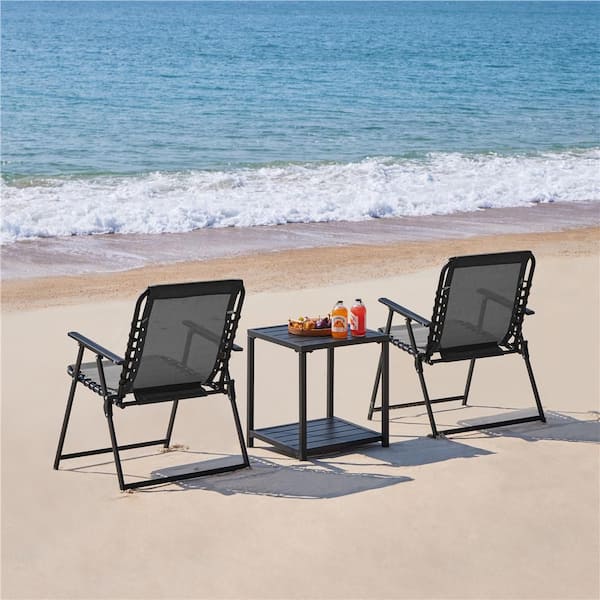 Set of 2 Outdoor Texteline Folding Dining Chairs with Backrest/ Armrests, All Weather Chairs for Garden, Dark Gray
