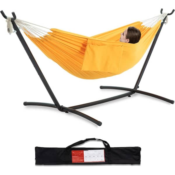 Unbranded 9 ft. 2-Person Heavy Duty Double Hammock with Space Saving Steel Stand, 450 lbs. Capacity and Carrying Bag in Lemon
