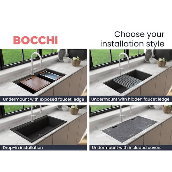 BOCCHI Levanzo 20 Dual-Mount Single Bowl Granite Composite Kitchen Sink with Drain Board, Matte Black