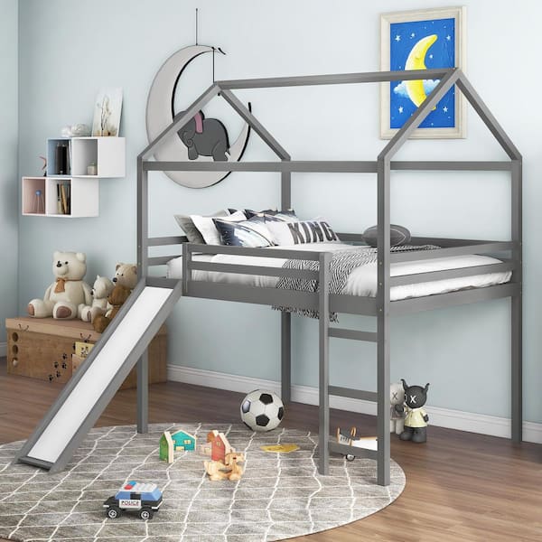 Harper & Bright Designs Gray Full Size House Loft Bed with Slide and Ladder
