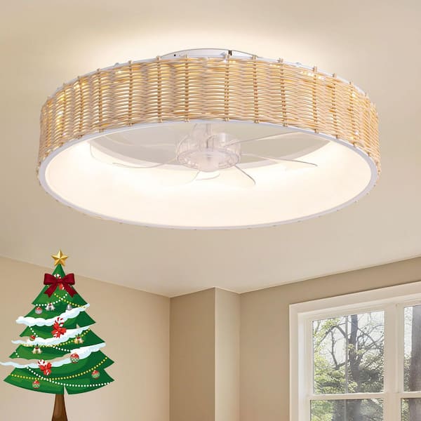 20 in. Indoor White Boho Flush Mount Rattan Ceiling Fan with Light and Remote, Dimmable Low Profile Ceiling Fan