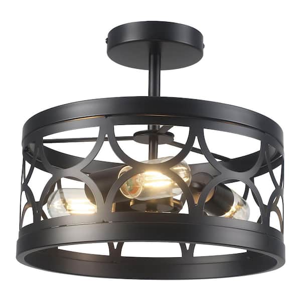 LWYTJO 12.6 in. 3-Light Black Farmhouse Drum Semi-Flush Mount Light with Metal Shade