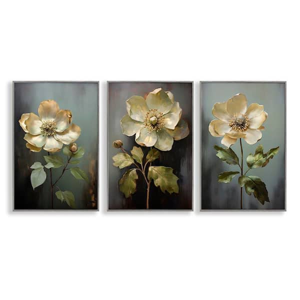 Stupell Industries Detailed Magnolia Flowers by Petal Prints Design 3-Pieces Gray Framed Nature Giclee Art Print 30 in. x 20 in.