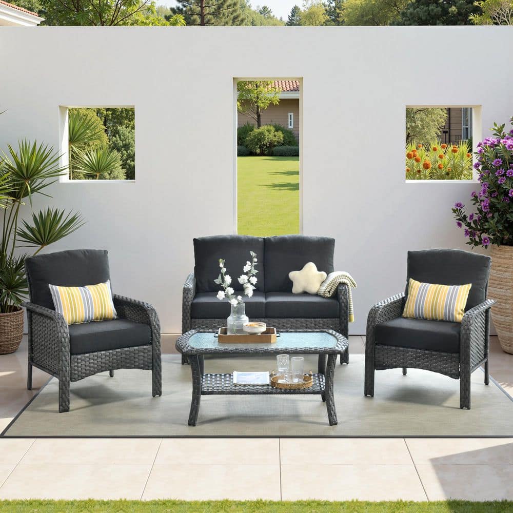 Hot Sale Gray 4-Piece Wicker Outdoor Lounge Chair Patio Seating Set with Black Cushion and Coffee Table for Backyard price history on PriceWatchPro