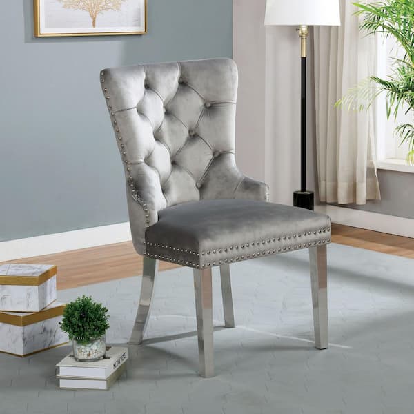 Furniture of America Kerry Dale Glam Gray Flannelette Tufted Dining Chair (Set of 2)