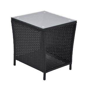 Black Square PE Rattan Outdoor Side Coffee Table with Storage Shelf, Steel Frame, Glass Top for Garden Porch, Backyard