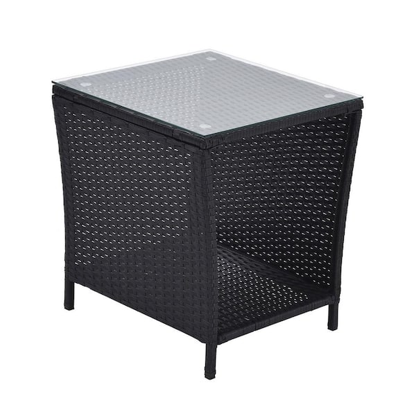 ITOPFOX Black Square PE Rattan Outdoor Side Coffee Table with Storage Shelf, Steel Frame, Glass Top for Garden Porch, Backyard