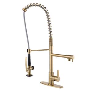 Single-Handle Wall Mount Gooseneck Pull Out Sprayer Kitchen Faucet Included Supply Lines in Brushed Gold