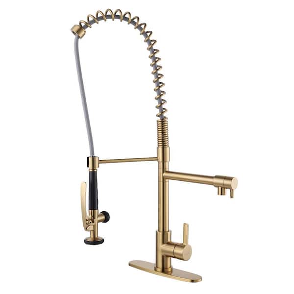 Single-Handle Wall Mount Gooseneck Pull Out Sprayer Kitchen Faucet Included Supply Lines in Brushed Gold