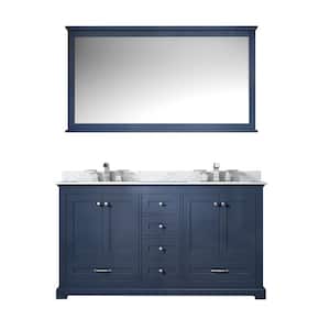Dukes 60 in. W x 22 in. D Navy Blue Double Bath Vanity, Carrara Marble Top, Faucet Set, and 58 in. Mirror