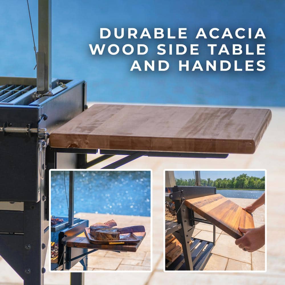 Argentine Black Steel BBQ Grill with Acacia Wood Side Table
