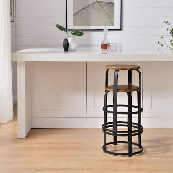 Metal frame backless bar sold stools, set of 2, natural wood