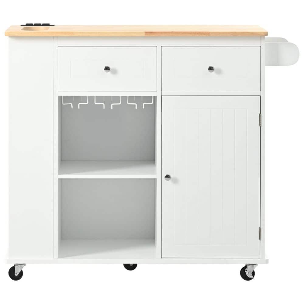 White Rubber Wood Kitchen Cart with Drop-Leaf and Power Outlet
