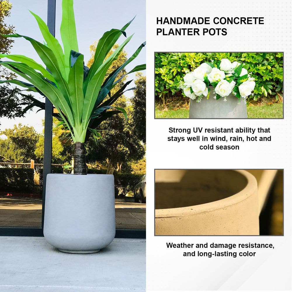 Large Gray Lightweight Concrete Round Planter for Indoor/Outdoor Use