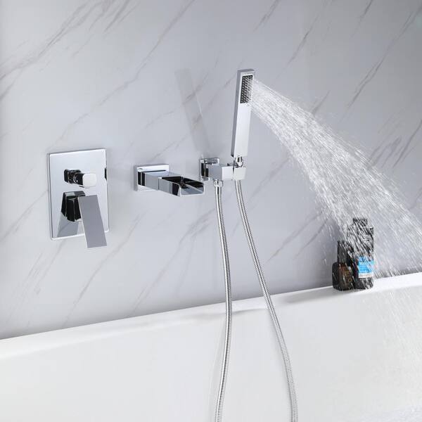 Kinwell Single Handle Wall Mount Roman Tub Faucet With Hand Shower In Chrome Valve Included Ucwmtf 2w01cp The Home Depot - Wall Mounted Tub Faucet With Hand Shower