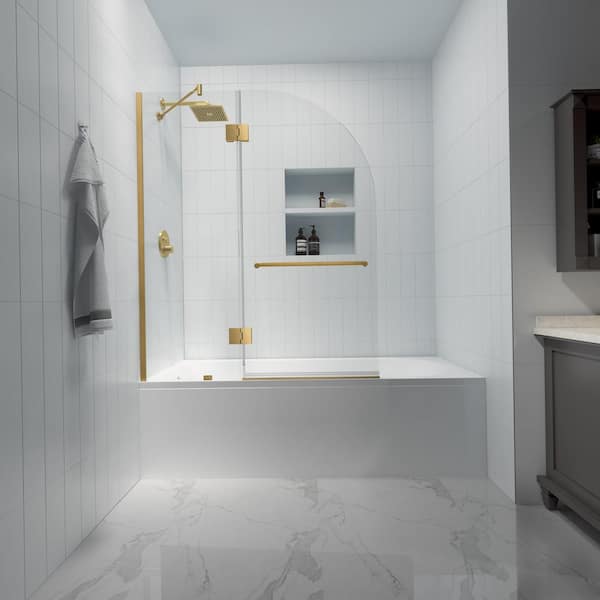48 in. W x 58 in. H Hinged Frameless Tub Door in Brushed Gold Finish with 1/4 in. (6 mm) Clear Water Repellent Glass
