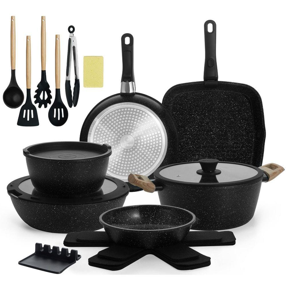 Stackable Pots Aluminum 23-Pieces Nonstick Ceramic Cookware Set Black Finish Removable ...