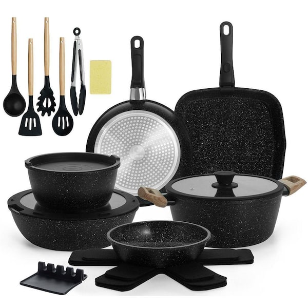 Aluminum 23-Pieces Nonstick Ceramic Cookware Set Black Finish Removable Handle Induction Safe Stackable Pots
