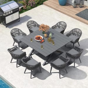 9 Piece Aluminum All-Weather PE Rattan Square Outdoor Dining Set with Cushion, Grey